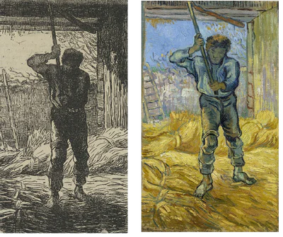 Links: Prent van De dorser (naar J.-F. Millet), 1853. Rechts: Vincent van Gogh, De dorser (naar Millet), 1889